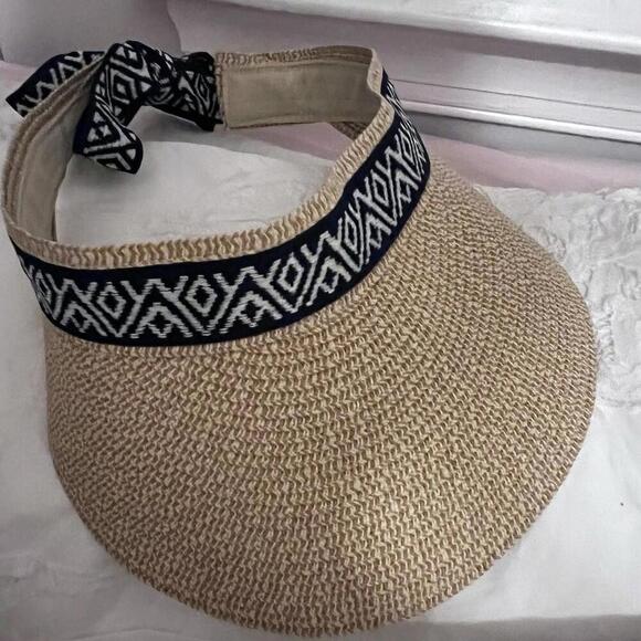 Sea & Grass Visor Hat Navy And White Diamond Pattern Ribbon Soft Paper Straw - Picture 9 of 9